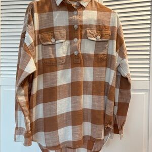 American Eagle Outfitters Tan and White Plaid Shirt